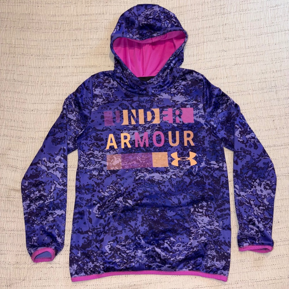 Under Armour Girls XL ColdGear Purple Camo Logo Hoodie Pullover Sweatshirt